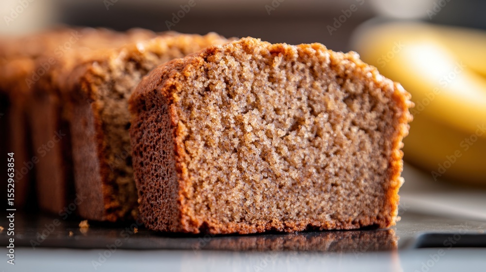 Sliced banana bread loaf showcasing texture and culinary presentation Sliced banana bread loaf showcasing texture and culinary presentation