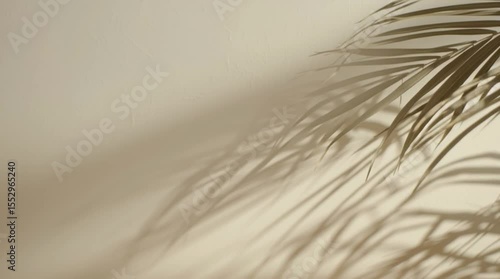 Minimalist motion background of soft palm leaf shadows slowly moving across a textured, off-white wall in a gentle breeze.

