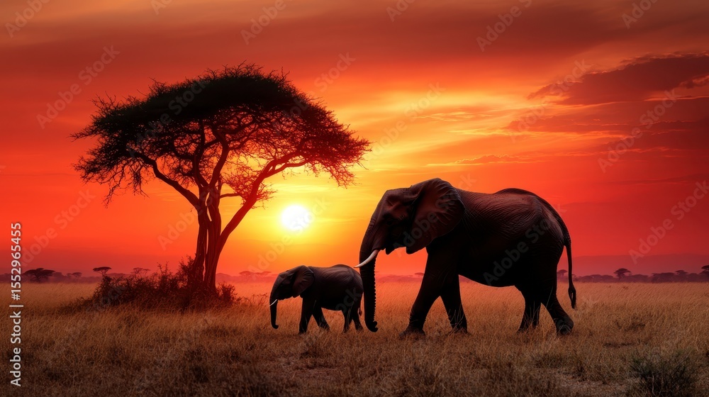 Obraz premium A stunning sunset frames a pair of elephants walking gracefully in a serene landscape, symbolizing beauty, freedom, and the majesty of wildlife in its natural habitat.