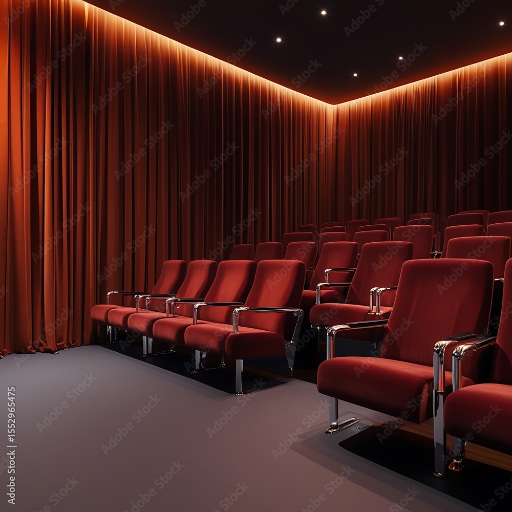 Fototapeta premium Luxurious Red Cinema Seating Area with Orange Curtains