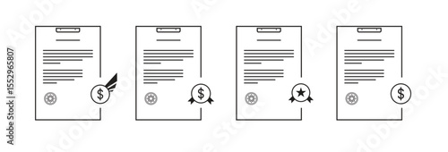 Document - Financial Contract Icons with Dollar Symbols, Money and Awards