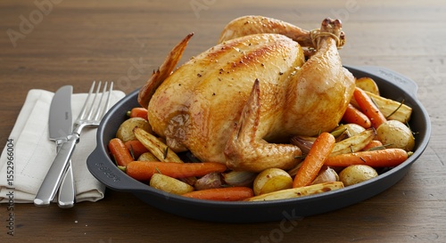 Golden-brown roast chicken with roasted root vegetables sits in a dark gray roasting pan, ready to serve.