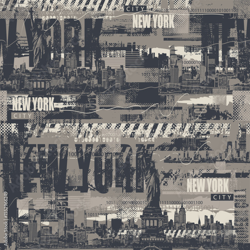Abstract seamless pattern with city theme with Statue of Liberty in New York with city architecture and newspaper clippings in grunge style. Wallpaper, fabric, textile, wrapping paper, t-shirt design.