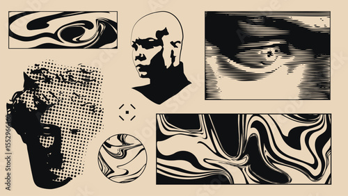 Stark brutalist collage featuring statue fragments, portrait, and swirling marbled abstractions. Concept of background graphics for websites and apps
