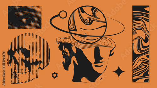 Symbolic brutalist collage with warped planet, cosmic head, stylized skull and surreal forms. Concept of web design motifs for cultural platforms