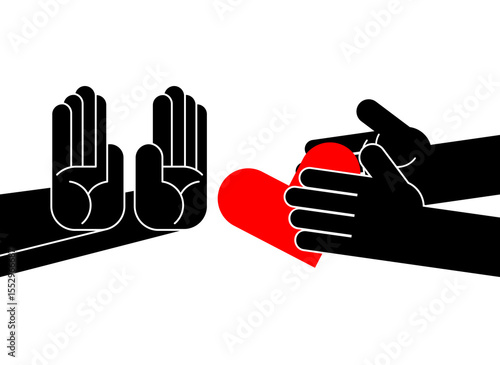 Refusal of love. Man refuses to accept heart. Hands make refusal of love.