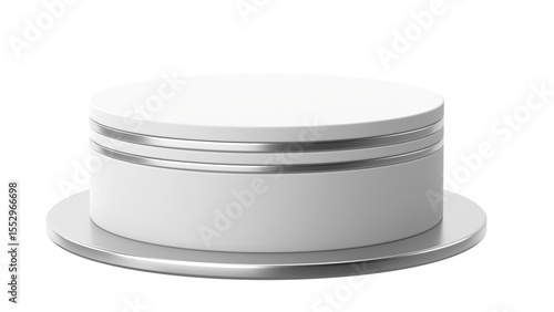 Transparent Background: Modern white cylindrical podium with sleek silver accents, sitting on a metallic disc base, ideal for product display.

