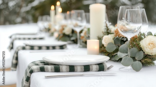 Elegant outdoor winter wedding reception table setting featuring candles, greenery, and checkered napkins
