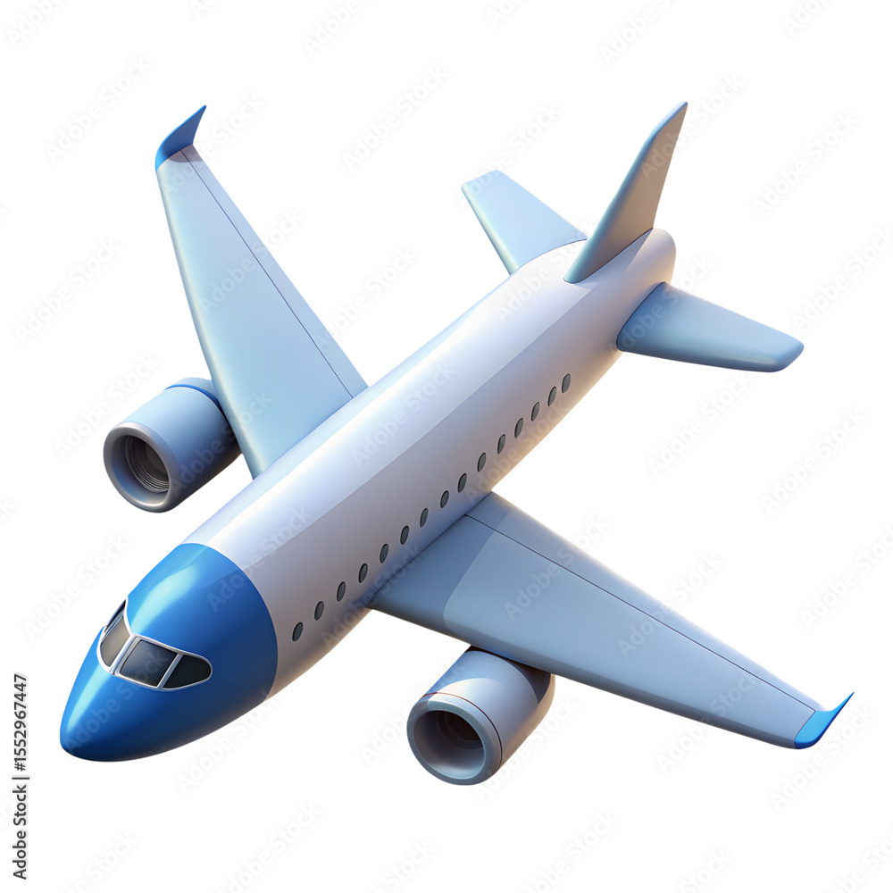 Naklejka premium 3 D Model Blue White Passenger Airplane Icon Airliner Flight Travel Aircraft image