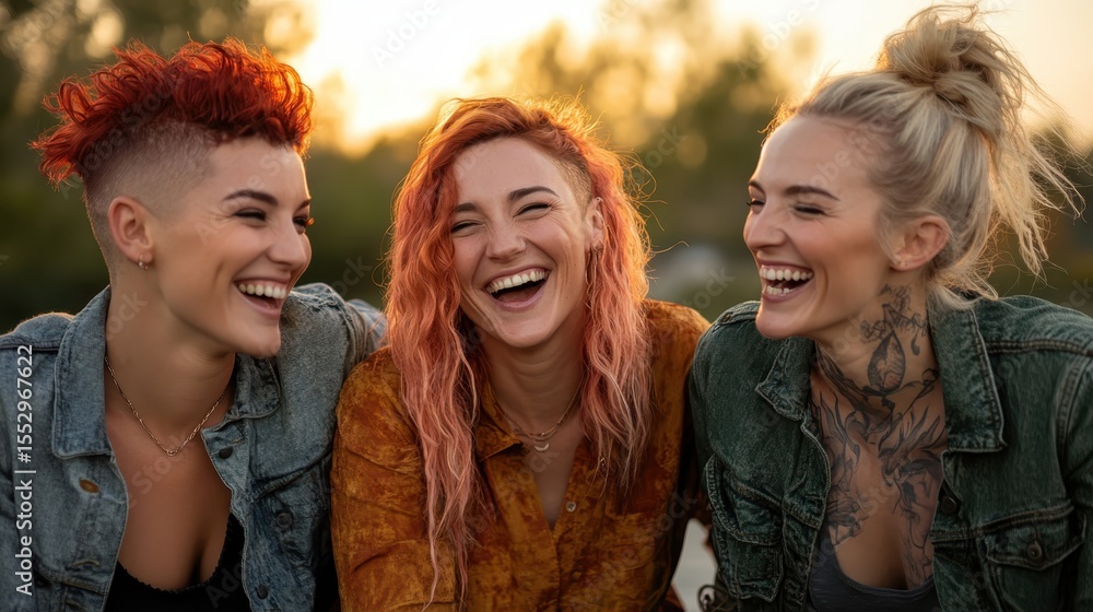 Obraz premium Three friends sharing a joyful moment while laughing together during sunset, capturing the essence of friendship, happiness, and carefree experiences in life.