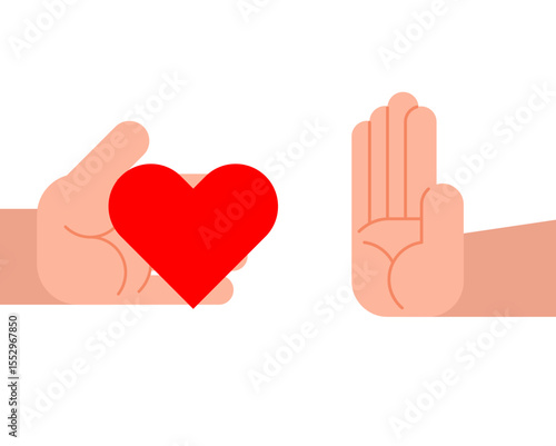 Refusal of love. Man refuses to accept heart. Hands make refusal of love.