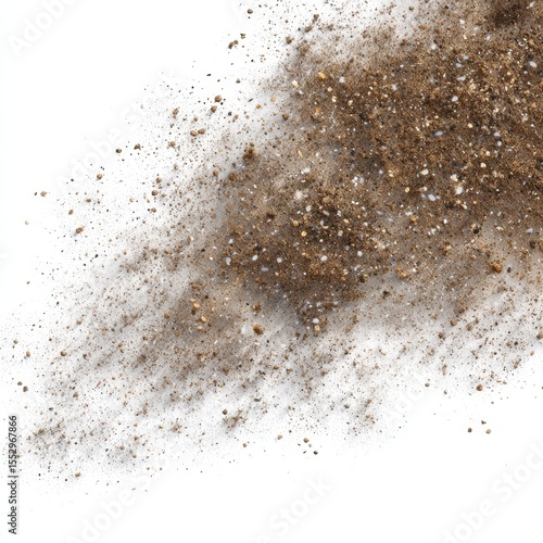 Scattered loose soil and fine particles with small pebbles isolated on white background