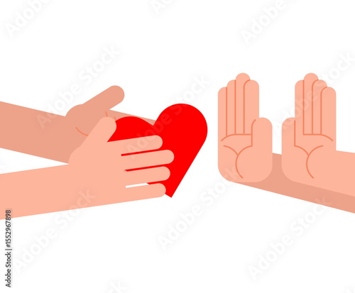 Refusal of love. Man refuses to accept heart. Hands make refusal of love.