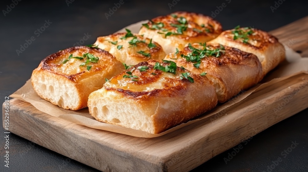 A wooden board displays freshly baked garlic bread topped with herbs, invitingly golden and crispy, perfect for culinary enjoyment and a simple yet delicious snack experience. A wooden board displays freshly baked garlic bread topped with herbs, invitingly golden and crispy, perfect for culinary enjoyment and a simple yet delicious snack experience.