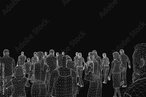 A large crowd of animated people stands in a dynamic line against a black background, creating a striking visual effect. The figures appear lively and energetic, emphasizing movement and unity.