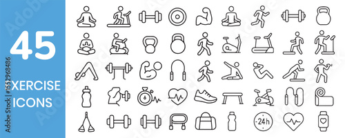 45 diverse fitness and exercise outline icons for health and wellness.