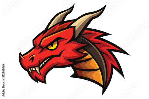 Fierce dragon head shows intricate scale and horn detail within a circle