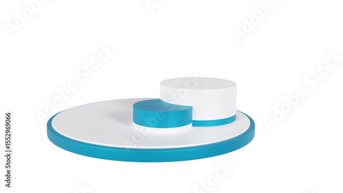 Transparent Background: Minimalist product display featuring a large white disc base, a half-cylinder teal riser, and a full white cylinder.

