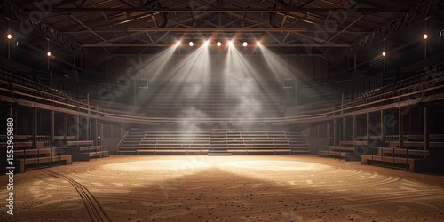 Empty Rodeo Arena with Dramatic Spotlights and Dusty Atmosphere