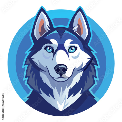 Vector illustration of a friendly siberian husky dog logo with a vibrant blue background.