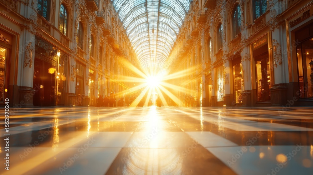 Fototapeta premium The sun shines dramatically through a grand shopping gallery, illuminating its elegance and architectural beauty, symbolizing the joy of exploration and urban life.