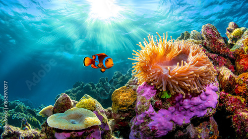 Fototapeta Naklejka Na Ścianę i Meble -  Great barrier coral reef with shoal or red coral fish and sunlight. beams shinning underwater on the tropical coral reef. Ecosystem and environment conservation concept