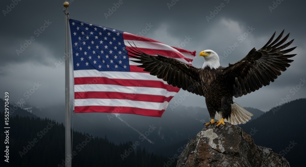 Naklejka premium Bald Eagle and American Flag in Misty Mountain Background