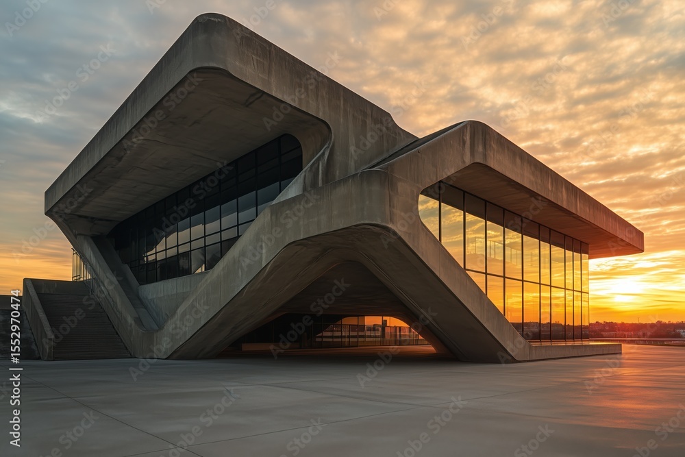 Fototapeta premium Minimalist concrete and glass concept building with unconventional angular geometry. The bold brutalist silhouette contrasts gracefully with sleek glass surfaces, illuminated by dramatic sunset tones