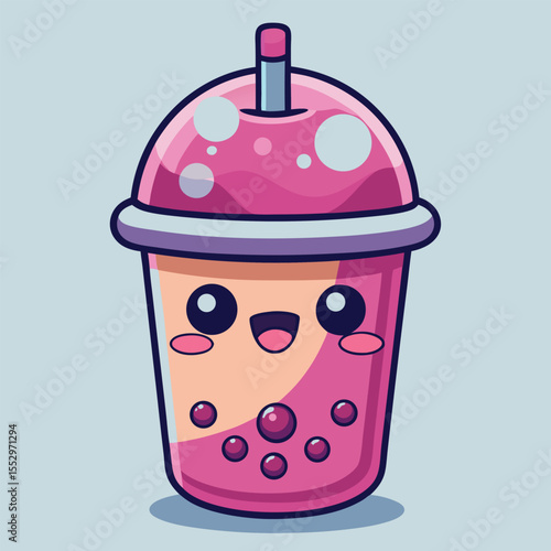 Adorable cartoon bubble tea beverage with happy face illustration on light blue background