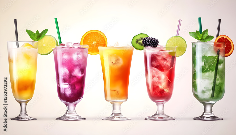 Fototapeta premium Colorful refreshing drinks line, set of elements on white background