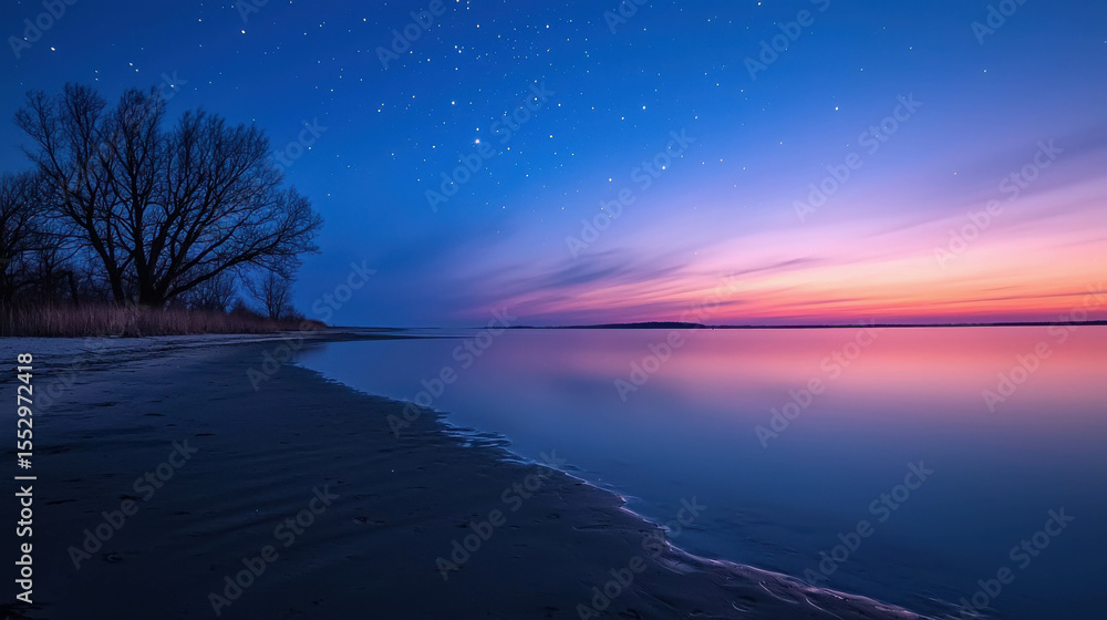 Fototapeta premium Tranquil Sunset Over Calm Waters with Silhouetted Trees and Starry Sky in Serene Landscape at Dusk on a Peaceful Evening