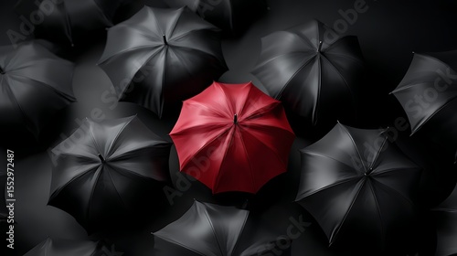 Red umbrella standout against grey umbrellas unique identity concept minimal background overhead view bold contrast