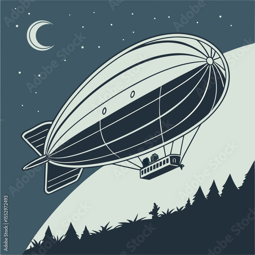 Vintage Airship Flying Over Forest at Night Under the Moon and Stars