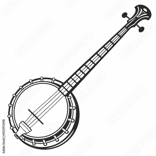 Black and white line drawing of a banjo musical instrument illustration