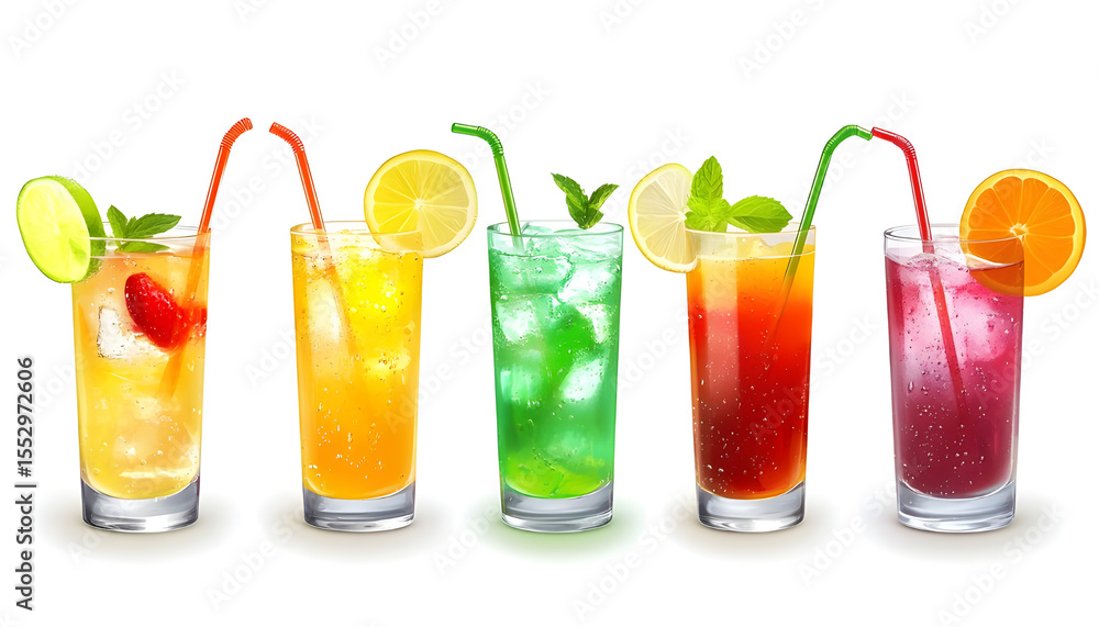 Colorful refreshing drinks line, set of elements on white background Colorful refreshing drinks line, set of elements on white background