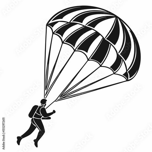 Black and White Illustration of a Skydiver with a Parachute in Flight