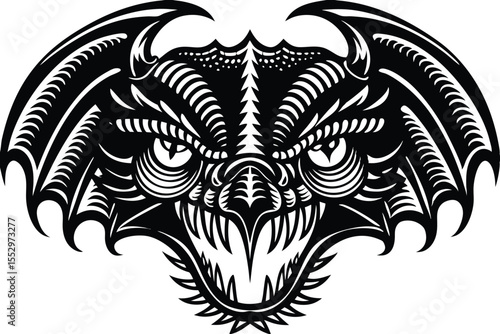 An enraged tribal dragon head displays sharp teeth and intimidating horns in monochromatic black