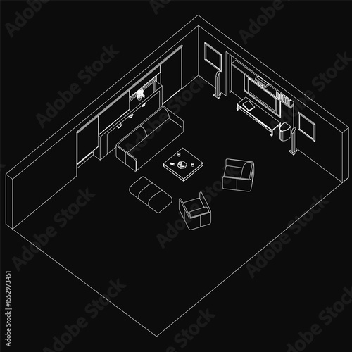 A black and white outline drawing of a cozy living room featuring a sofa, chairs, and a central table. The dark background creates a mysterious yet inviting atmosphere, perfect for interior design.