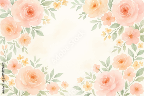 Vintage floral background with romantic pink roses, elegant frame, and decorative hearts for a wedding or Valentine's Day card design
