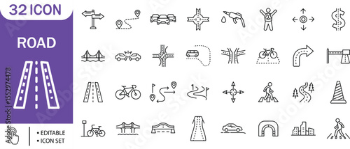 Road, Traffic, Navigation, Travel, Map, Path, Bridge Icon Set