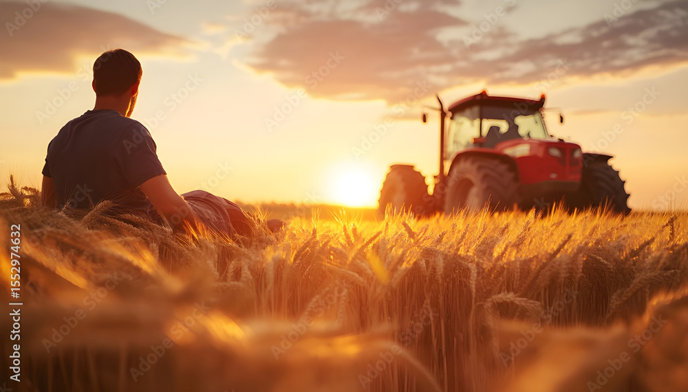 Fototapeta premium young farmer relaxes on a wooden crate next to a bright red tractor in a vast wheat field at sunset. The landscape is peaceful and rural, showcasing the beauty of agriculture