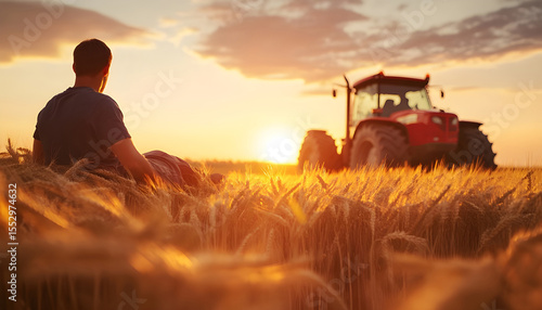young farmer relaxes on a wooden crate next to a bright red tractor in a vast wheat field at sunset. The landscape is peaceful and rural, showcasing the beauty of agriculture