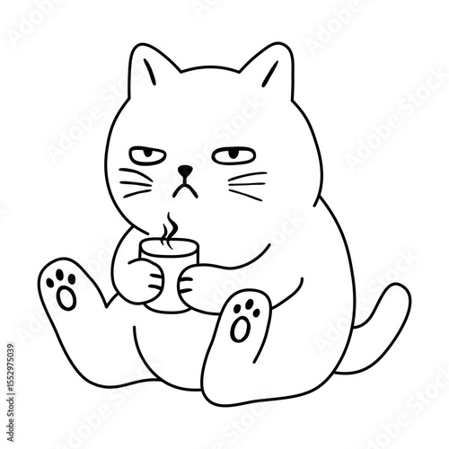 Cartoon cute boring cat drink coffee vector.