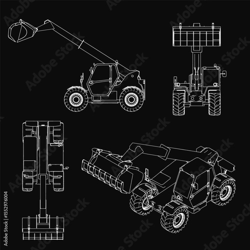 Blueprint of four construction vehicles on a black background, featuring a telescopic boom lift for heavy lifting, along with a backhoe and other machinery.