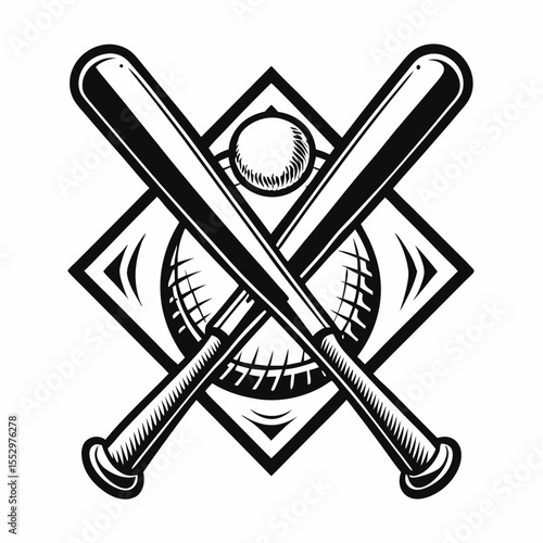 Monochrome Baseball Emblem with Crossed Bats and Diamond Background