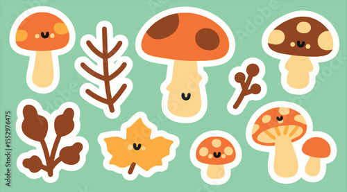Whimsical Forest Friends Illustration A Collection of Cute Mushroom and Foliage Stickers Against a Mint Background