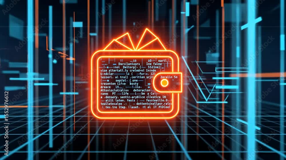 Neon crypto wallet symbol with circuit code background glowing orange on tech interface screen. Blockchain cybersecurity concept