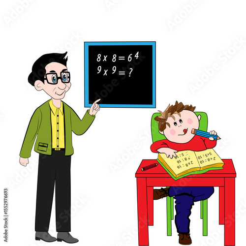Profesor de matemáticas y alumno en aula.