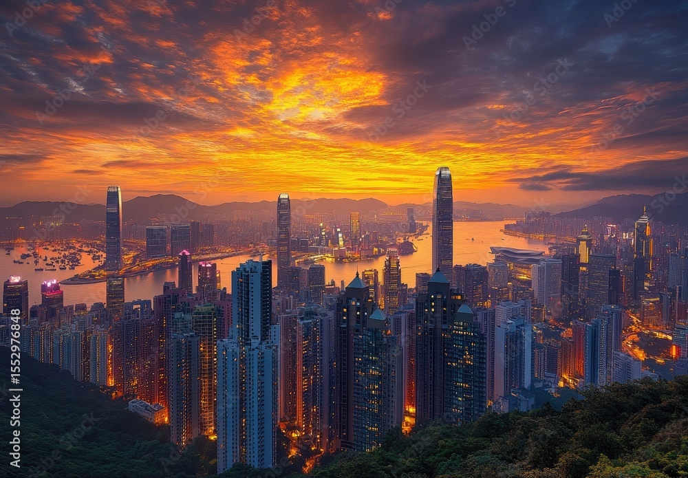 Fototapeta premium Hong Kong cityscape at fiery sunrise