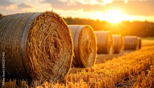 Golden Hay Bales Sunset Field.